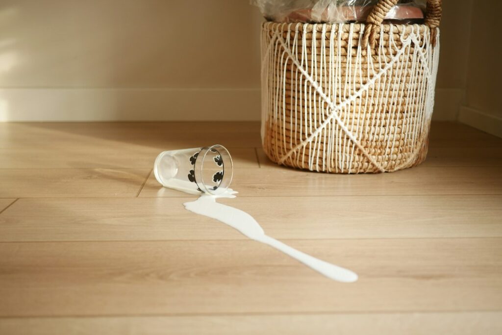 Person gently cleaning a hardwood floor with a microfiber mop near a bright home entryway.